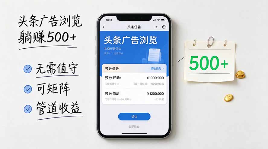 （20835期）头条广告浏览躺赚500+无需值守，可矩阵并附有管道收益 - 臻优资源网
