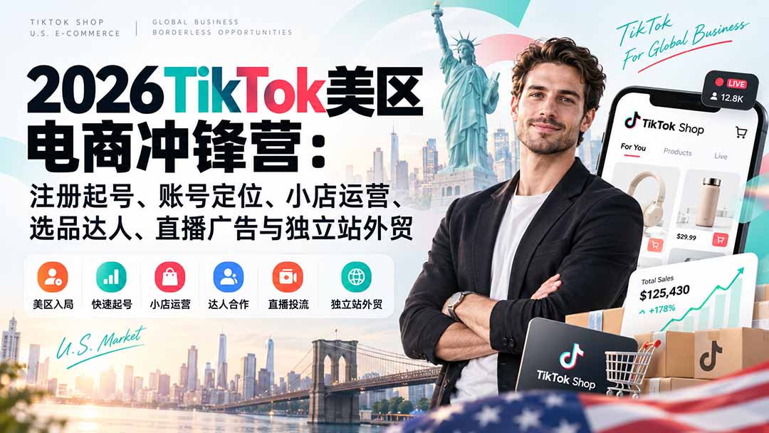 （20858期）2026TikTok美区电商冲锋营：注册起号、账号定位、小店运营、选品达人、直播广告与独立站外贸 - 臻优资源网