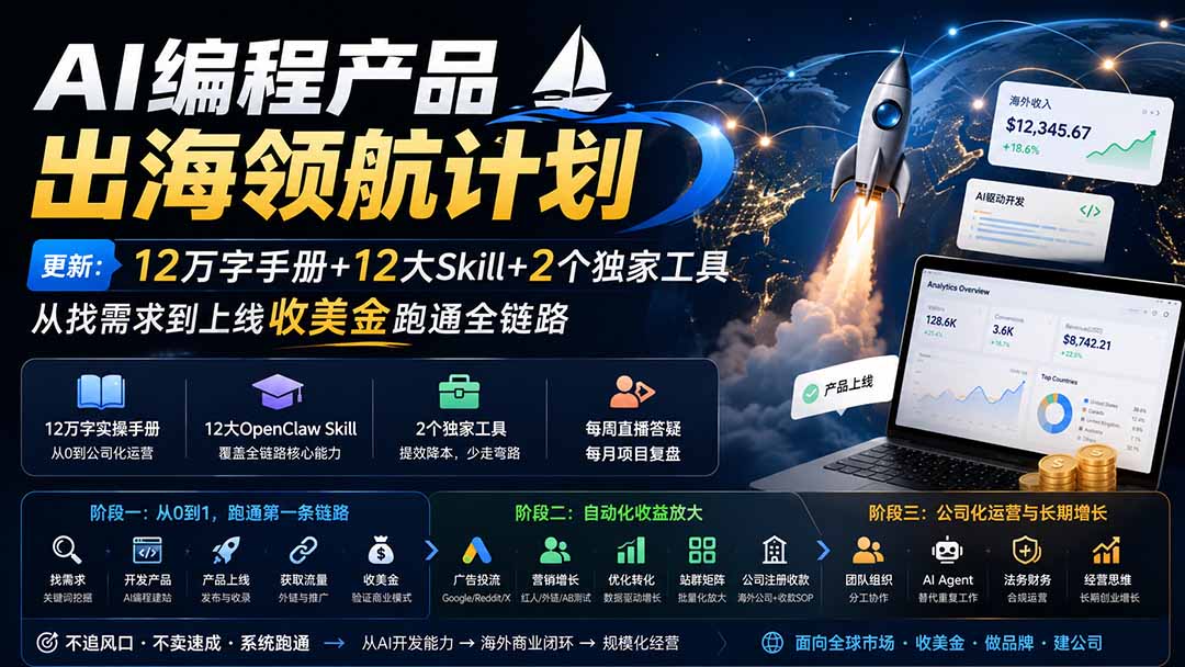 （20015期）AI编程产品出海领航计划-更新：12万字手册+12大Skill+2个独家工具，从找需求到上线收美金跑通全链路 - 臻优资源网