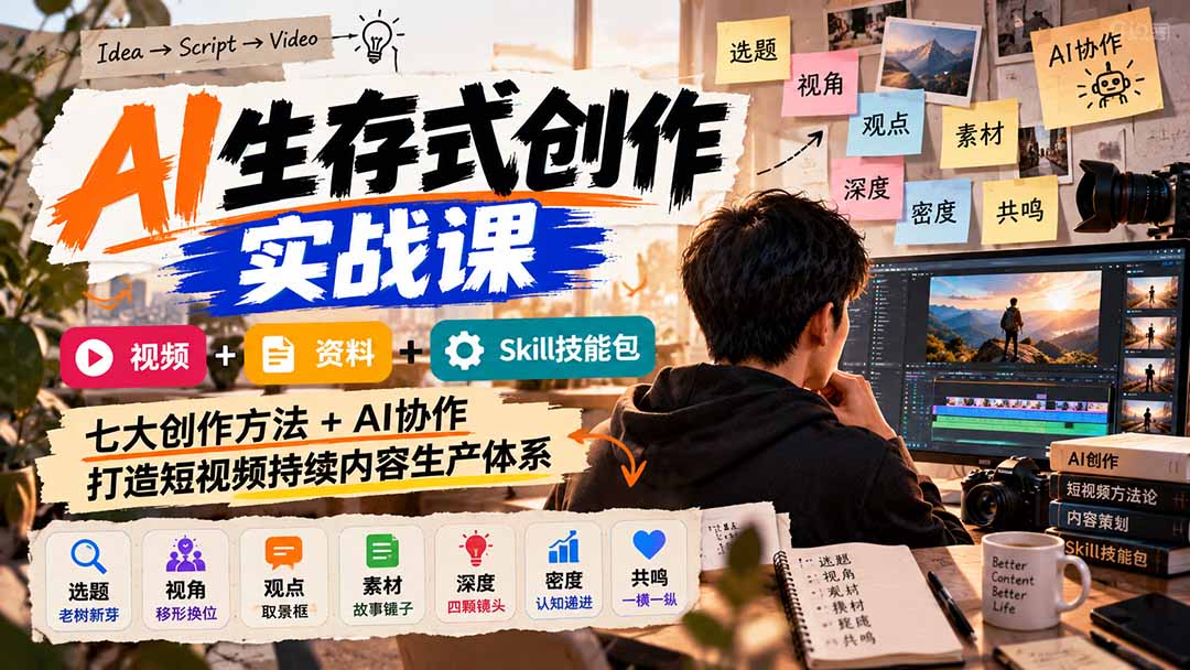（21081期）AI生存式创作实战课：视频+资料+Skill技能包，七大创作方法+AI协作，打造短视频持续内容生产体系 - 臻优资源网
