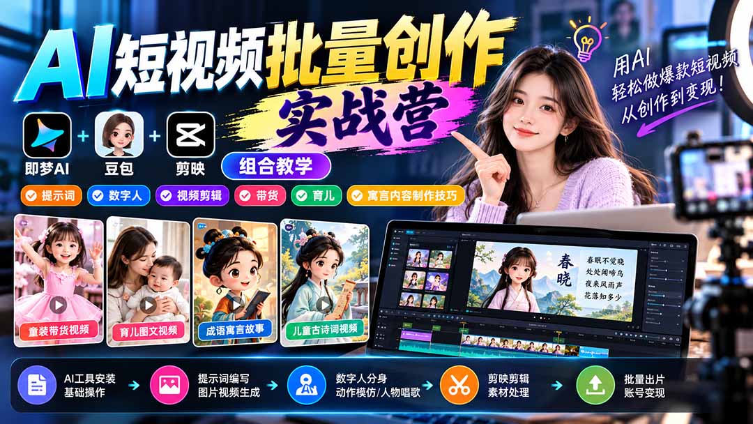 （21039期）【无水印】AI短视频批量创作实战营：即梦+豆包+剪映组合教学，提示词/数字人/视频剪辑/带货/育儿/寓言内容制作技巧 - 臻优资源网