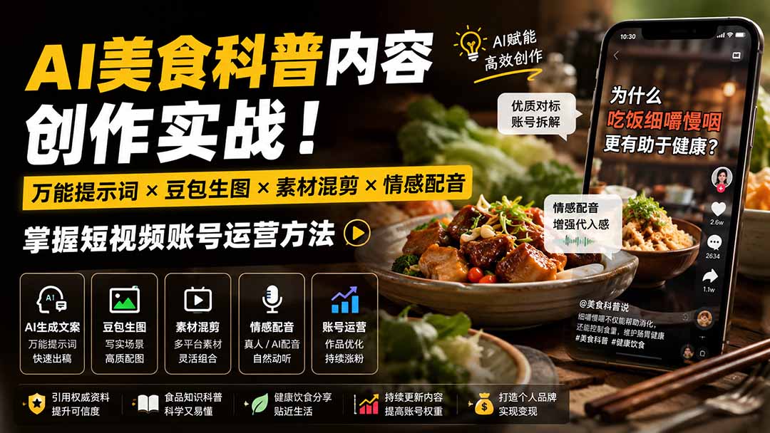 （19730期）外面卖199元-AI美食科普内容创作实战！万能提示词×豆包生图×素材混剪×情感配音，掌握短视频账号运营方法 - 臻优资源网