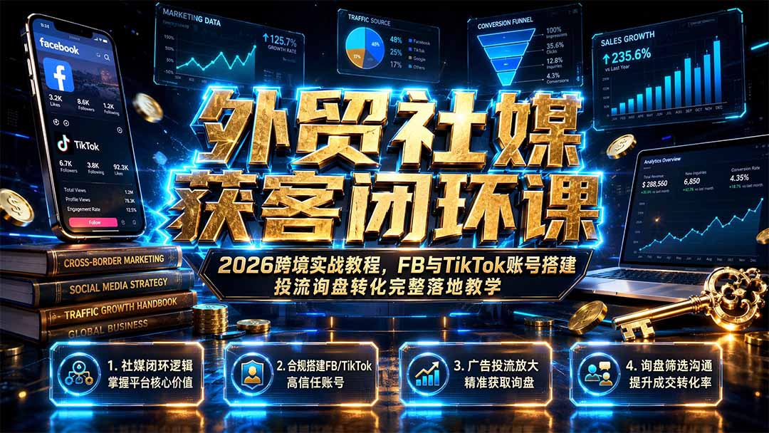 （19611期）外贸社媒获客闭环课｜2026跨境实战教程，FB与TikTok账号搭建投流询盘转化完整落地教学 - 臻优资源网
