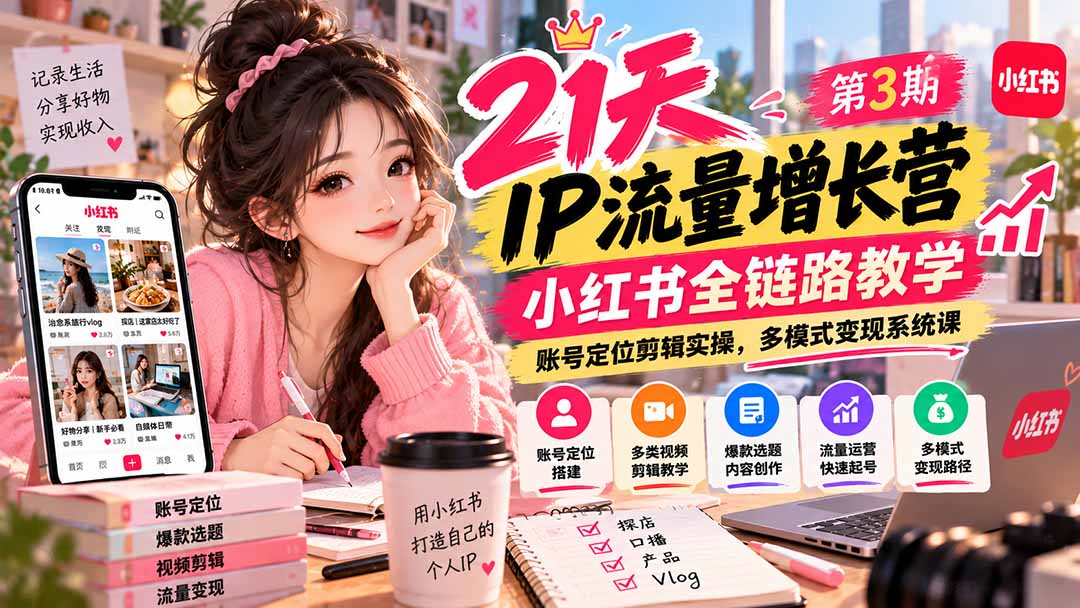 （20992期）【无水印】21天IP流量增长营-第3期，小红书全链路教学，账号定位剪辑实操，多模式变现系统课 - 臻优资源网