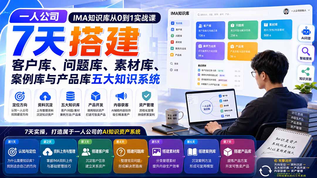 （20191期）一人公司IMA知识库从0到1实战课：7天搭建客户库、问题库、素材库、案例库与产品库五大知识系统 - 臻优资源网