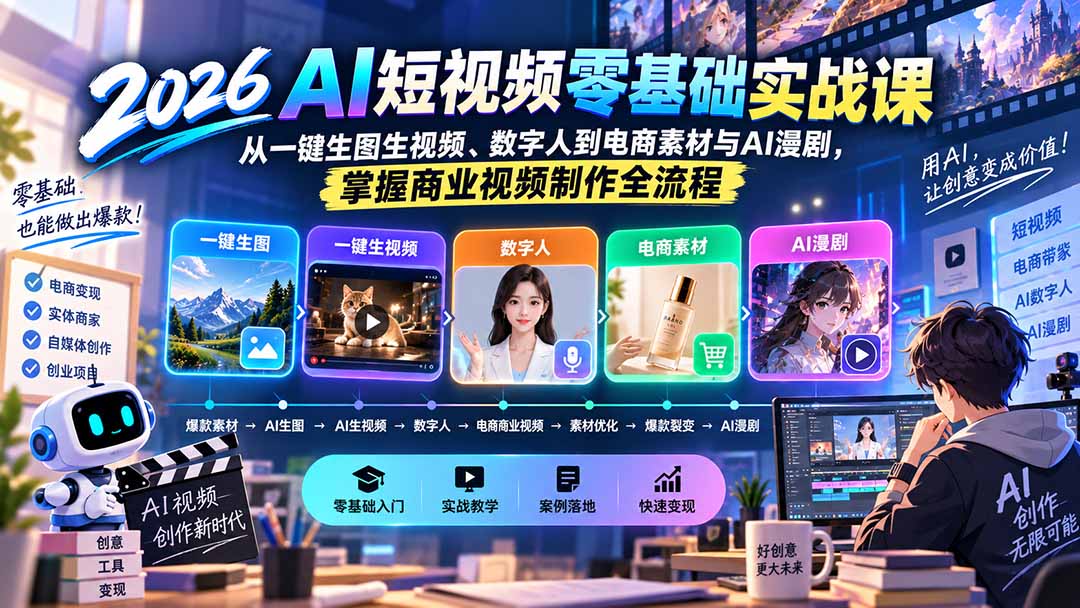 （20263期）2026AI短视频零基础实战课：从一键生图生视频、数字人到电商素材与AI漫剧，掌握商业视频制作全流程 - 臻优资源网