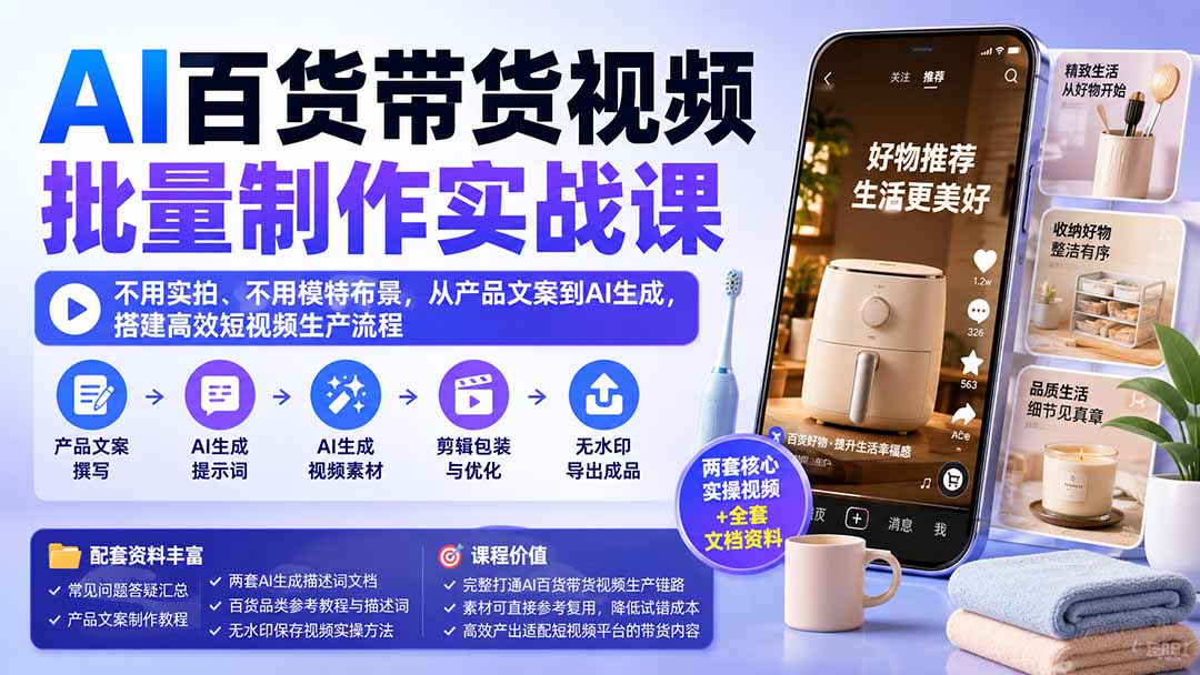 （20179期）AI百货带货视频批量制作实战课：不用实拍、不用模特布景，从产品文案到AI生成，搭建高效短视频生产流程 - 臻优资源网