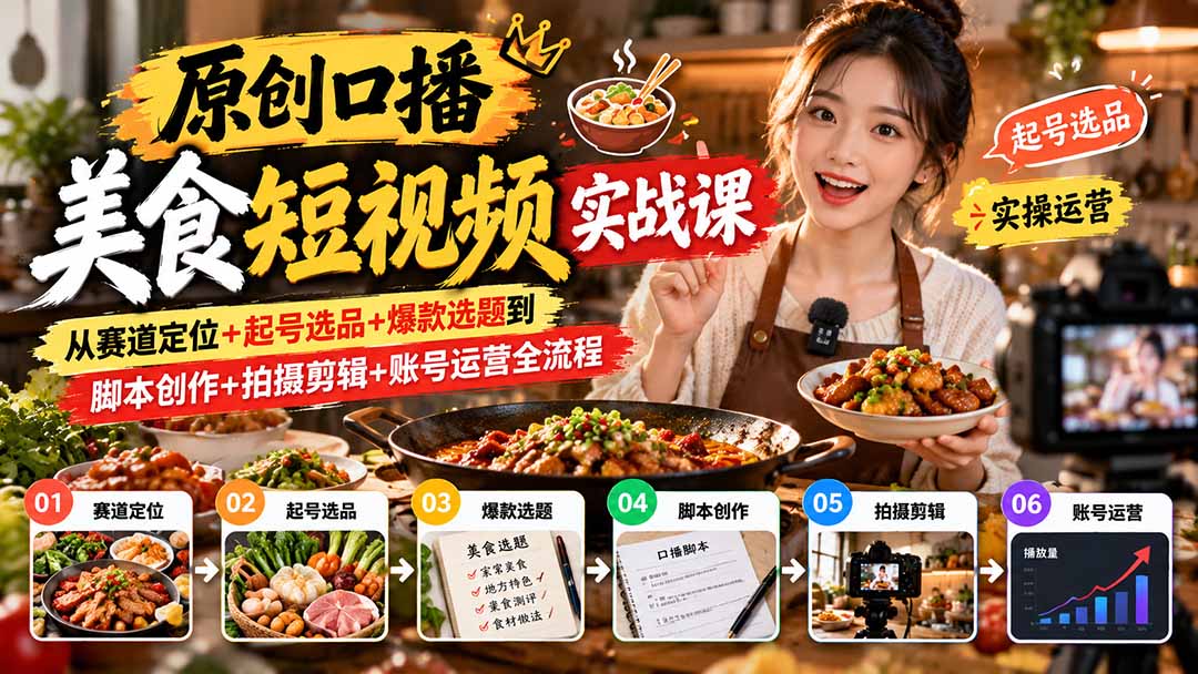 （20786期）原创口播美食短视频实战课：从赛道定位+起号选品+爆款选题到脚本创作+拍摄剪辑+账号运营全流程 - 臻优资源网