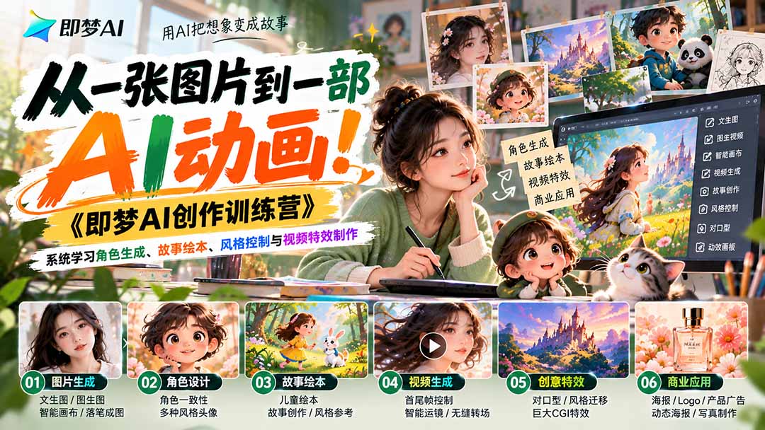 （21160期）【无水印】从一张图片到一部AI动画！《即梦AI创作训练营》系统学习角色生成、故事绘本、风格控制与视频特效制作 - 臻优资源网