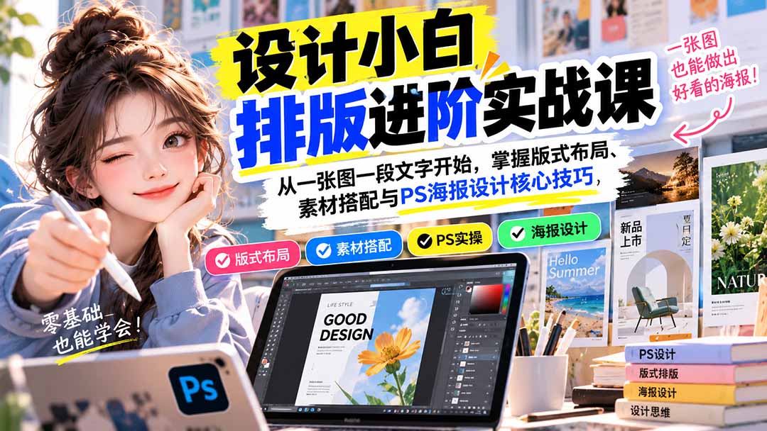 （20838期）设计小白排版进阶实战课：从一张图一段文字开始，掌握版式布局、素材搭配与PS海报设计核心技巧 - 臻优资源网