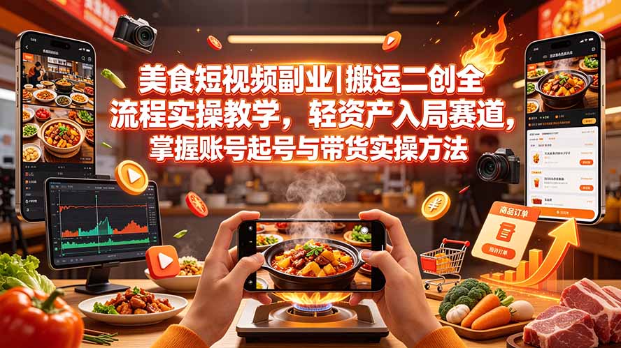 （19535期）美食短视频副业｜搬运二创全流程实操教学，轻资产入局赛道，掌握账号起号与带货实操方法 - 臻优资源网