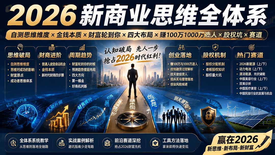 （19696期）2026新商业思维全体系：自测思维维度×金钱本质×财富轮到你×四大布局×赚100万1000万选人×股权坑×赛道 - 臻优资源网