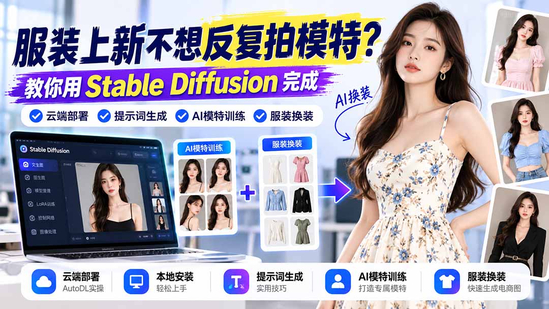 （21099期）服装上新不想反复拍模特？教你用Stable Diffusion完成云端部署、提示词生成、AI模特训练与换装 - 臻优资源网