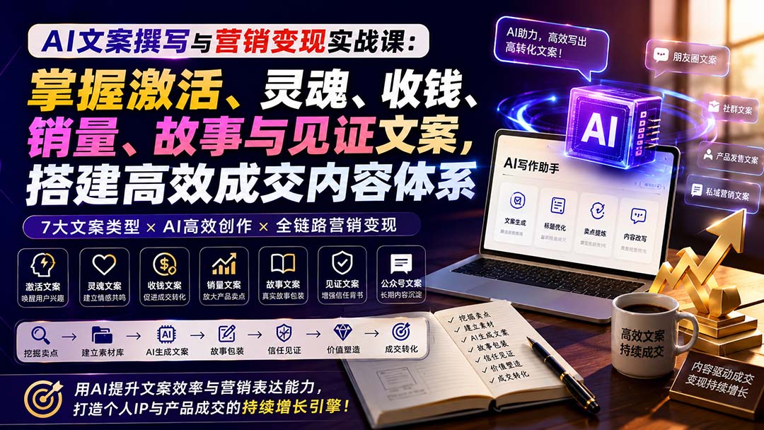 （20126期）AI文案撰写与营销变现实战课：掌握激活、灵魂、收钱、销量、故事与见证文案，搭建高效成交内容体系 - 臻优资源网