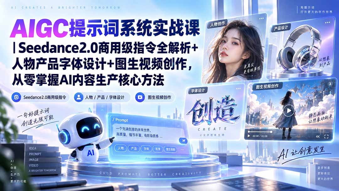 （20559期）AIGC提示词系统实战课-无水印｜Seedance2.0商用级指令全解析+人物产品字体设计+图生视频创作，掌握AI内容生产方法 - 臻优资源网