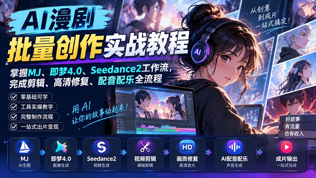 （20488期）AI漫剧批量创作实战教程：掌握MJ、即梦4.0、Seedance2工作流，完成剪辑、高清修复、配音配乐全流程 - 臻优资源网