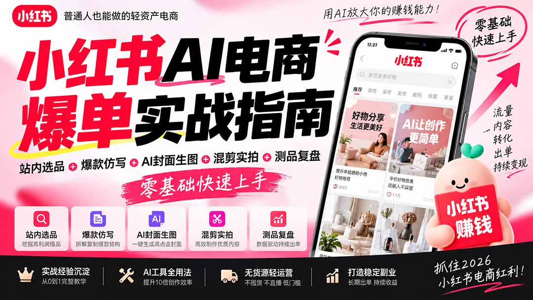 （20516期）2026小红书AI电商爆单实战指南：站内选品+爆款仿写+AI封面生图+混剪实拍+测品复盘，零基础快速上手 - 臻优资源网