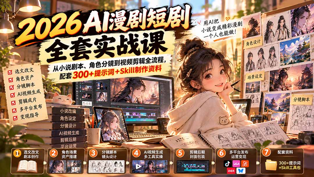 （20629期）2026AI漫剧短剧全套实战课：从小说剧本、角色分镜到视频剪辑全流程，配套300+提示词+Skill制作资料 - 臻优资源网
