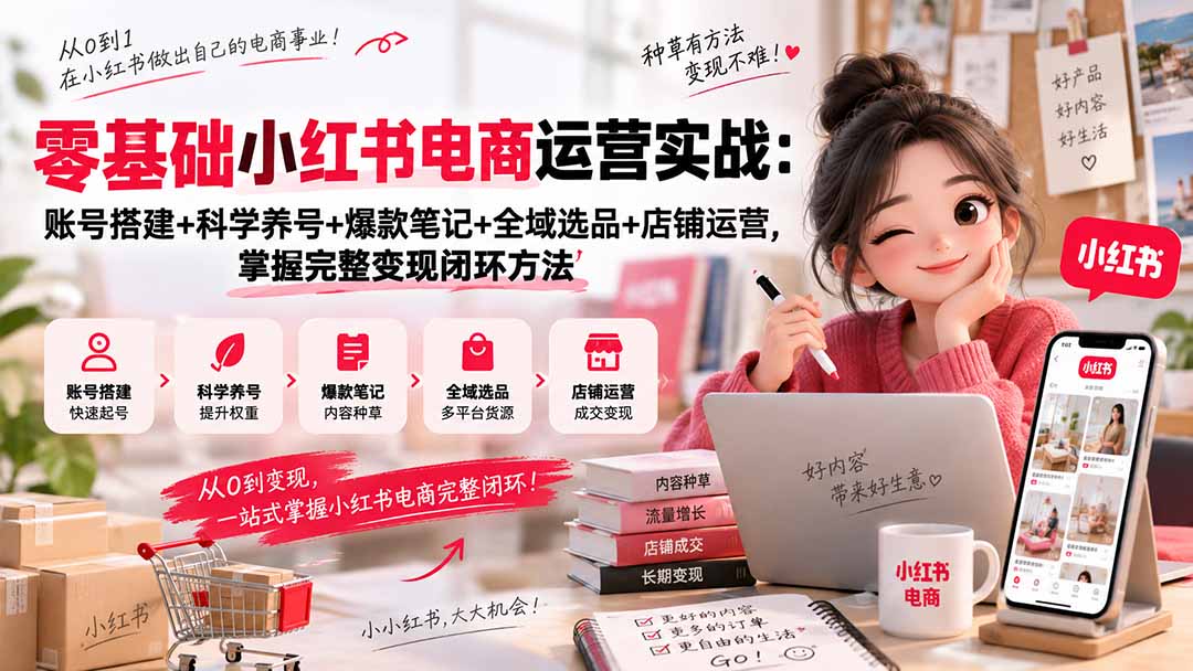 （20467期）零基础小红书电商运营实战：账号搭建+科学养号+爆款笔记+全域选品+店铺运营，掌握完整变现闭环方法 - 臻优资源网