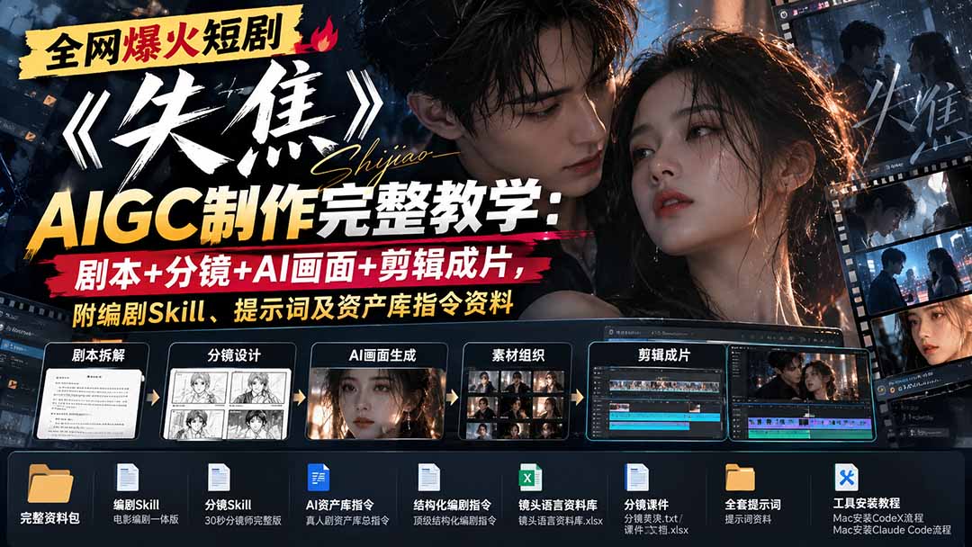 （20805期）全网爆火短剧《失焦》AIGC制作完整教学：剧本+分镜+AI画面+剪辑成片，附编剧Skill、提示词及资产库指令资料 - 臻优资源网