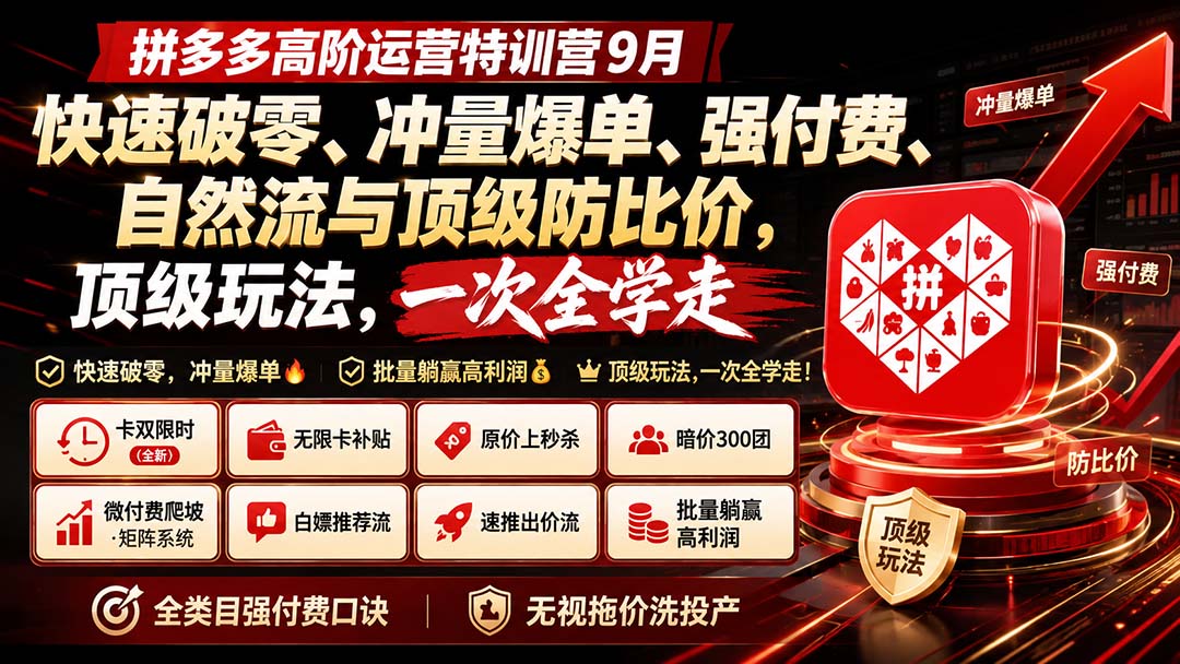 （20155期）拼多多高阶运营特训营9月：快速破零、冲量爆单、强付费、自然流与顶级防比价， 顶级玩法，一次全学走 - 臻优资源网