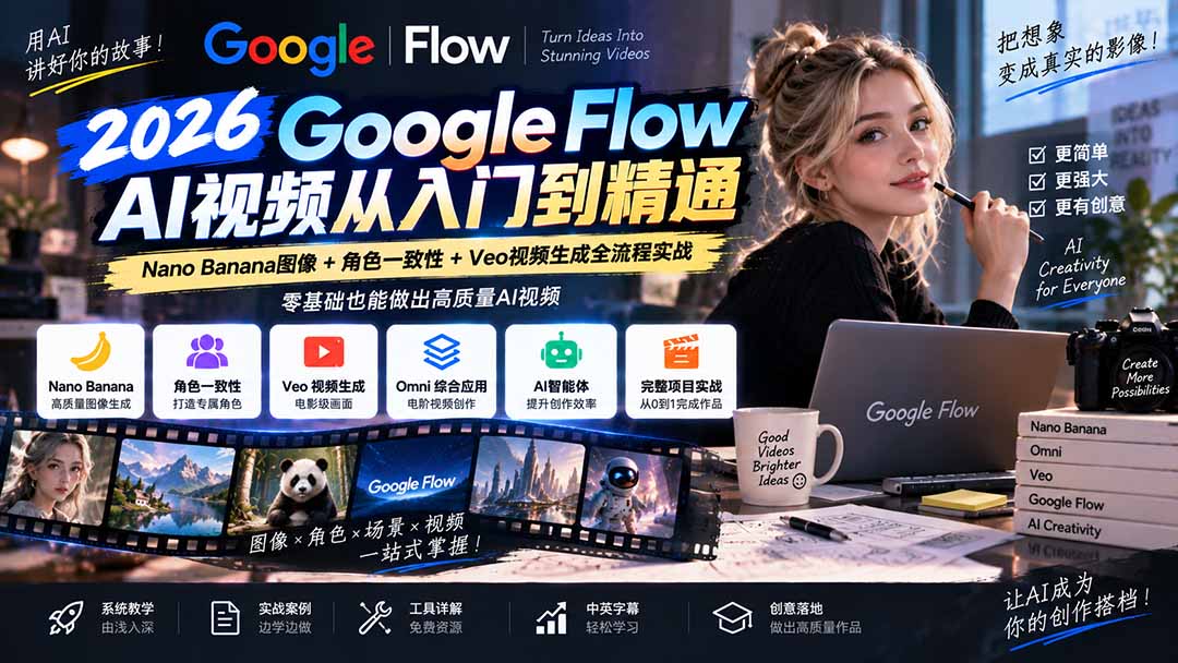 （20608期）【无水印】Google Flow AI视频从入门到精通：Nano Banana图像+角色一致性+Veo视频生成全流程实战-精翻中英字幕 - 臻优资源网