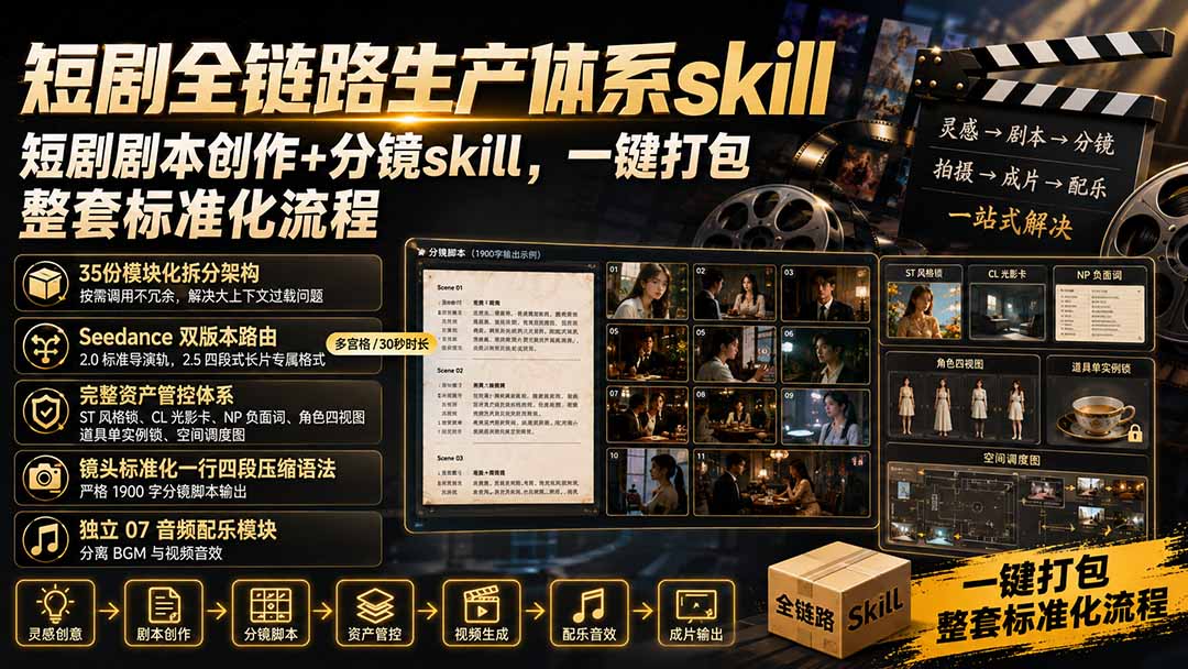 （19911期）短剧全链路生产体系skill，短剧剧本创作+分镜skill，一键打包，整套标准化流程 - 臻优资源网