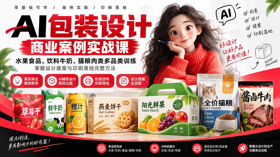 （20387期）AI包装设计商业案例实战课：水果食品、饮料牛奶、猫粮肉类多品类训练，掌握设计提案与印刷落地完整方法 - 臻优资源网