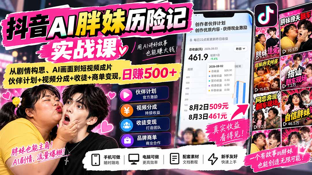 （20489期）抖音AI胖妹历险记实战课：从剧情构思、AI画面到短视频成片，伙伴计划+视频分成+收徒+商单变现，日赚500+ - 臻优资源网