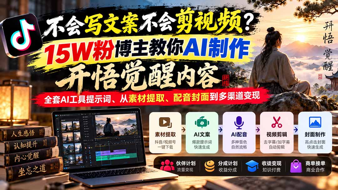 （21085期）不会写文案不会剪视频？15W粉博主教你AI制作开悟觉醒内容，全套AI工具提示词、从素材提取、配音封面到多渠道变现 - 臻优资源网