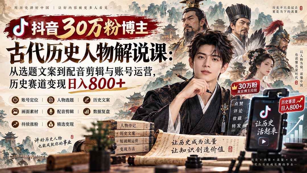 （20441期）抖音30万粉博主古代历史人物解说课：从选题文案到配音剪辑与账号运营，历史赛道变现日入800+ - 臻优资源网