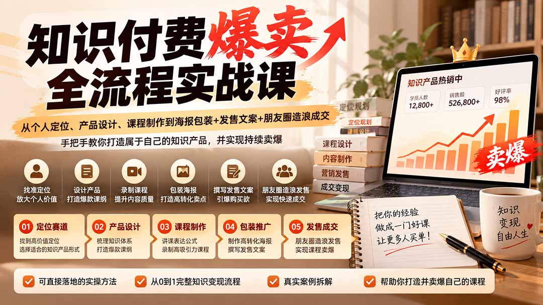 （20787期）【无水印】知识付费爆卖全流程实战课：从个人定位、产品设计、课程制作到海报包装+发售文案+朋友圈造浪成交 - 臻优资源网