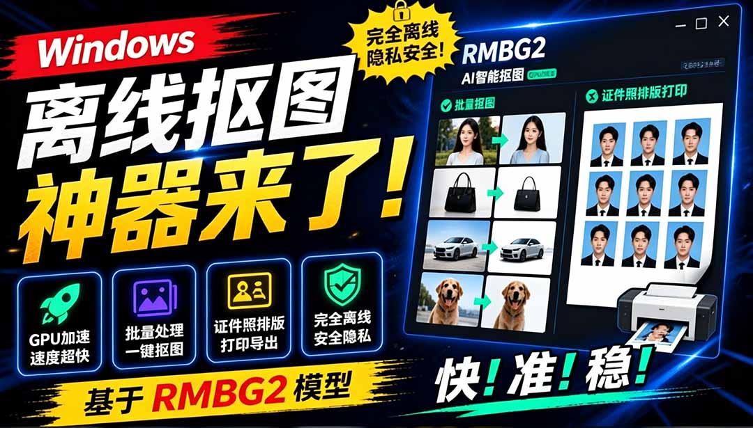 （19357期）Windows离线抠图神器来了！支持批量抠图 + 证件照排版打印，基于RMBG2模型，GPU加速 方块AI抠图 - 臻优资源网