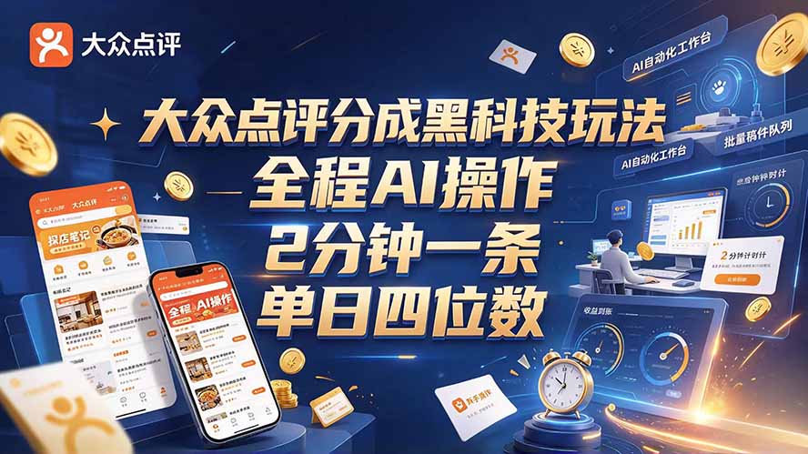 （21013期）大众点评分成全网独家玩法，AI 全自动出内容，2 分钟一条，小白可冲单日四位数 - 臻优资源网