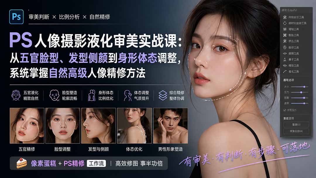 （20062期）PS人像摄影液化审美实战课：从五官脸型、发型侧颜到身形体态调整，系统掌握自然高级人像精修方法 - 臻优资源网