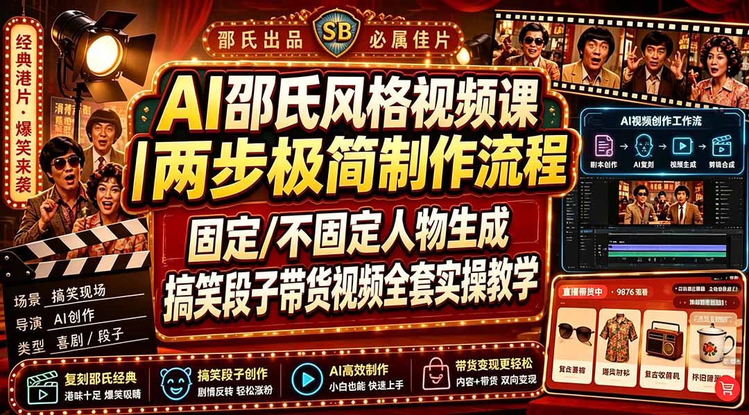 （19602期）AI邵氏风格视频课｜两步极简制作流程，固定/不固定人物生成，搞笑段子带货视频全套实操教学 - 臻优资源网