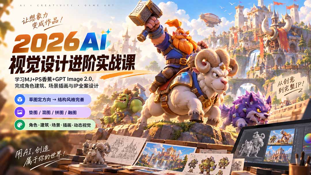 （20852期）2026AI视觉设计进阶实战课-更新1007：学习MJ+PS香蕉+GPT Image 2.0，完成角色建筑、场景插画与IP全案设计 - 臻优资源网