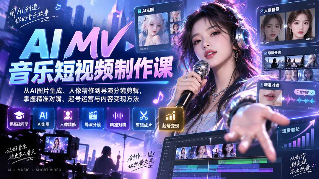 （20364期）AI MV音乐短视频制作课：从AI图片生成、人像精修到导演分镜剪辑，掌握精准对嘴、起号运营与内容变现方法 - 臻优资源网