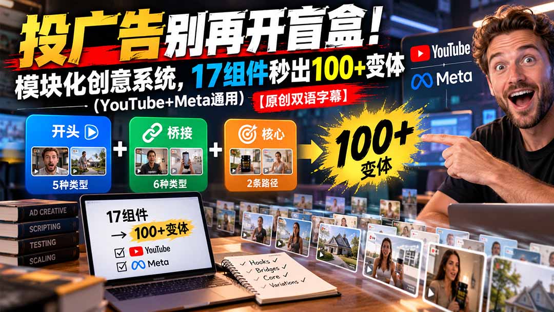 （20840期）投广告别再开盲盒！模块化创意系统，17组件秒出100+变体（YouTube+Meta通用）【原创双语字幕】 - 臻优资源网