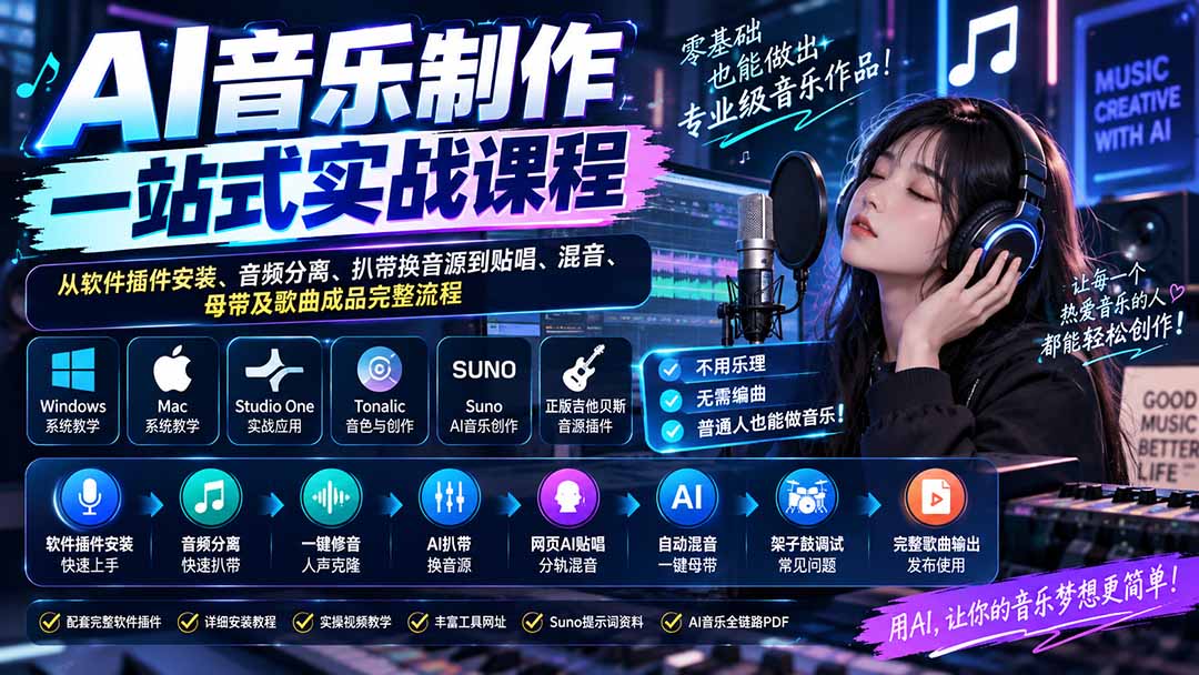 （20490期）AI音乐制作一站式实战课程：从软件插件安装、音频分离、扒带换音源到贴唱、混音、母带及歌曲成品完整流程 - 臻优资源网