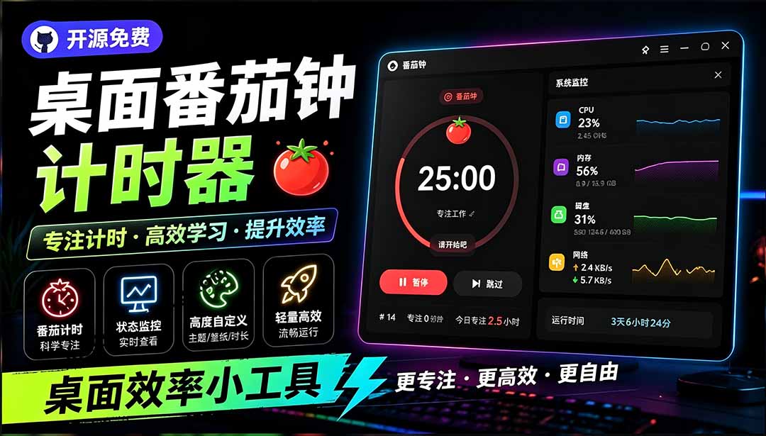 （19564期）仅1.16MB，开源极简的桌面时钟、番茄钟计时器，还支持系统监控显示，桌面效率小工具 Catime - 臻优资源网