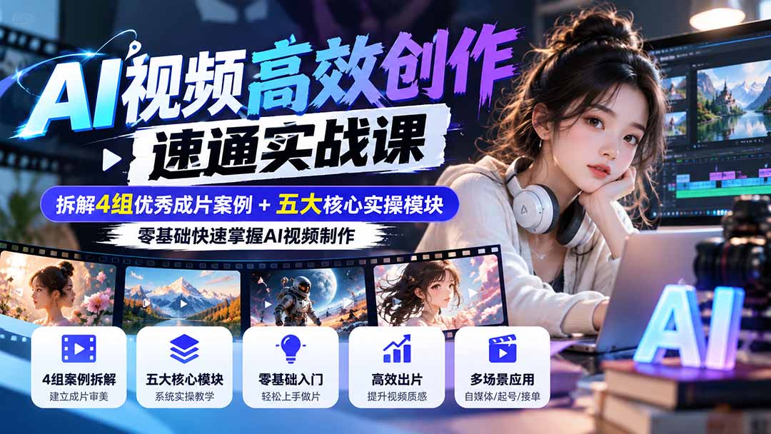 （20819期）【无水印】AI视频高效创作速通实战课：拆解4组优秀成片案例+五大核心实操模块，零基础快速掌握AI视频制作 - 臻优资源网