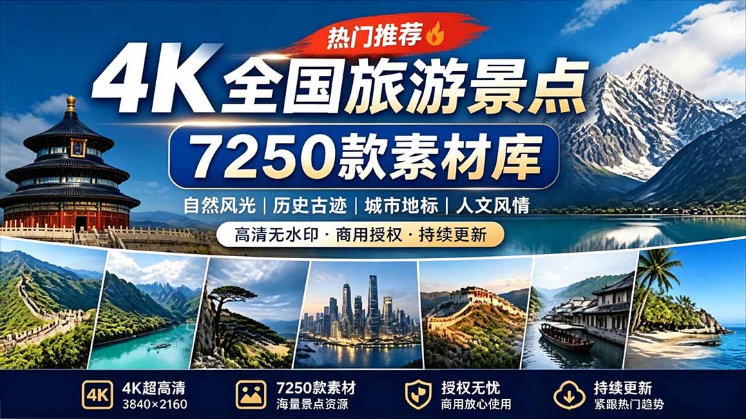 (19309期)热门全国旅游风景素材!4K全国旅游景点素材库,7250款素材,旅行达人城市航拍风景风光高清短视频 - 臻优资源网