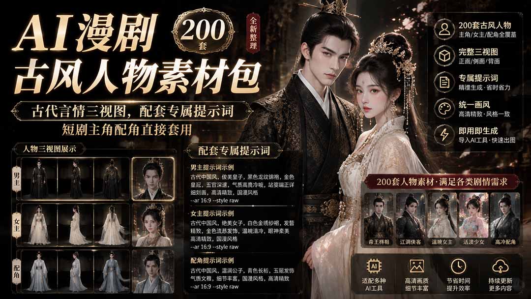 （19693期）AI漫剧古风人物素材包+提示词｜200 套古代言情三视图，配套专属提示词短剧主角配角直接套用 - 臻优资源网