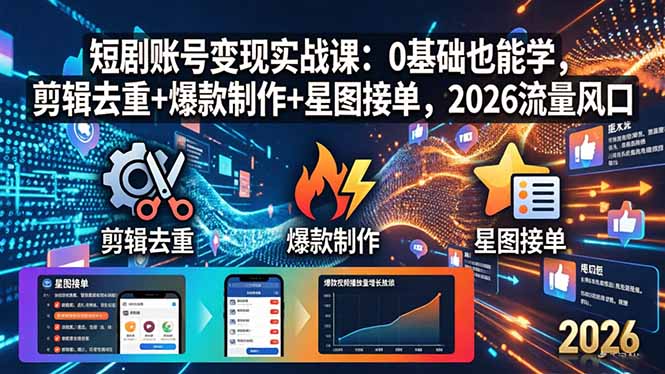 （18160期）短剧账号变现实战课：0基础也能学，剪辑去重+爆款制作+星图接单，2026流量风口 - 臻优资源网