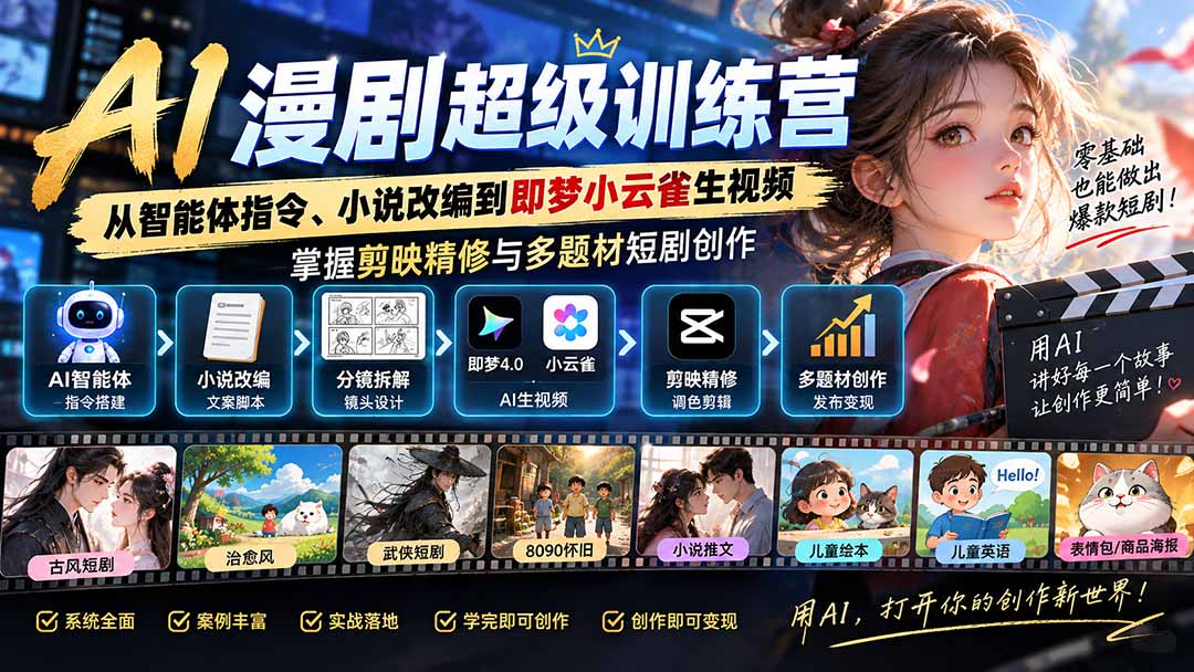 （20491期）AI漫剧超级特训营：从智能体指令、小说改编到即梦小云雀生视频，掌握剪映精修与多题材短剧创作 - 臻优资源网