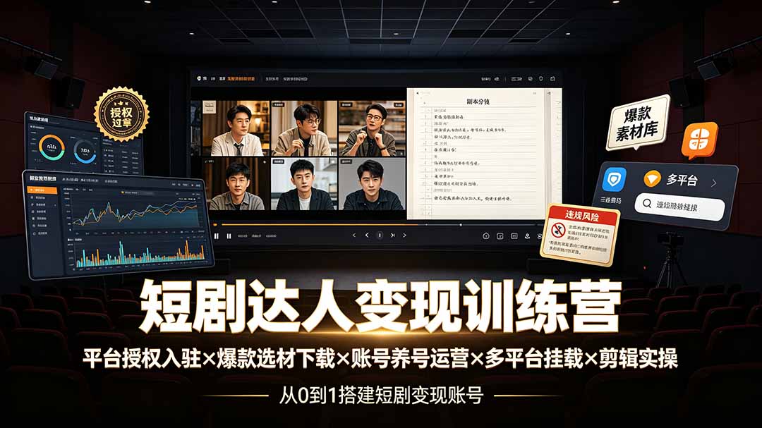 （19551期）短剧达人变现训练营：平台授权入驻×爆款选材下载×账号养号运营×多平台挂载×剪辑实操×违规处理全流程 - 臻优资源网