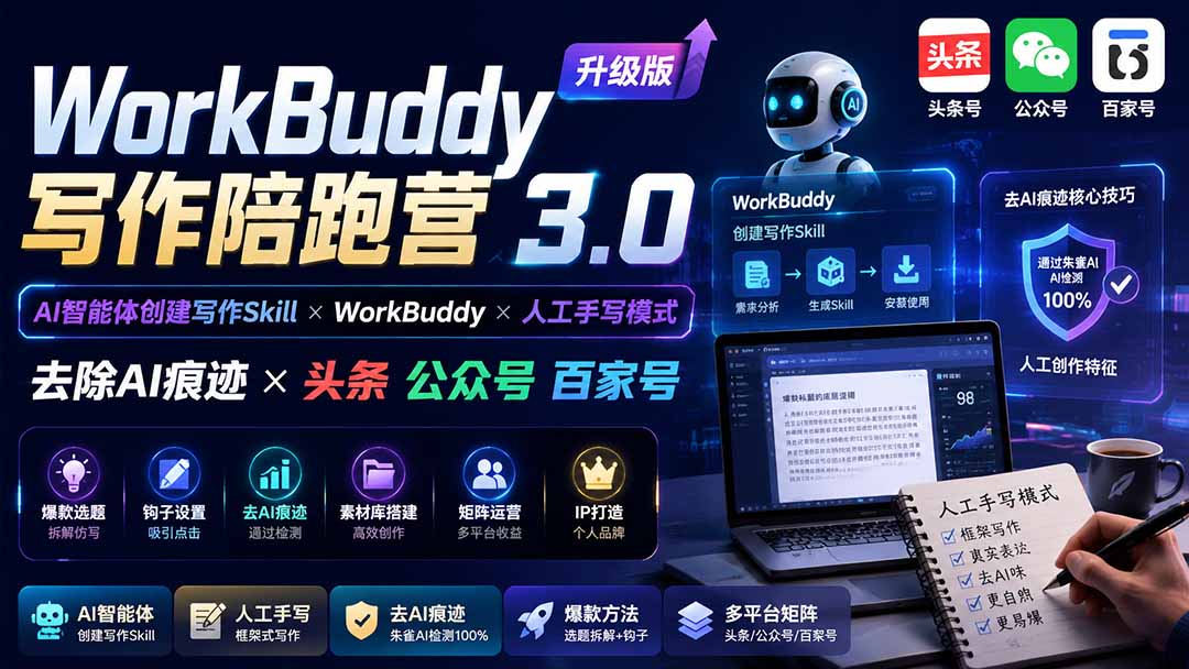 （19920期）WorkBuddy写作陪跑营3.0-更新：Ai智能体创建写作Skill×WorkBuddy×人工手写模式×去除AI痕迹×头条公众号百家号 - 臻优资源网
