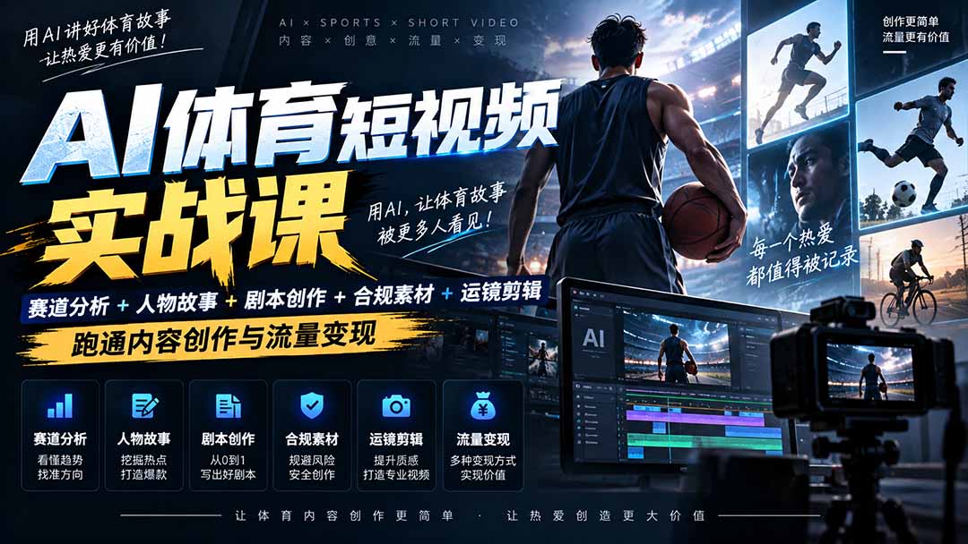 （20515期）AI体育短视频赛道顶级玩法｜赛道分析+人物故事+剧本创作+版权处理+运镜剪辑，跑通流量变现-日赚1K+ - 臻优资源网