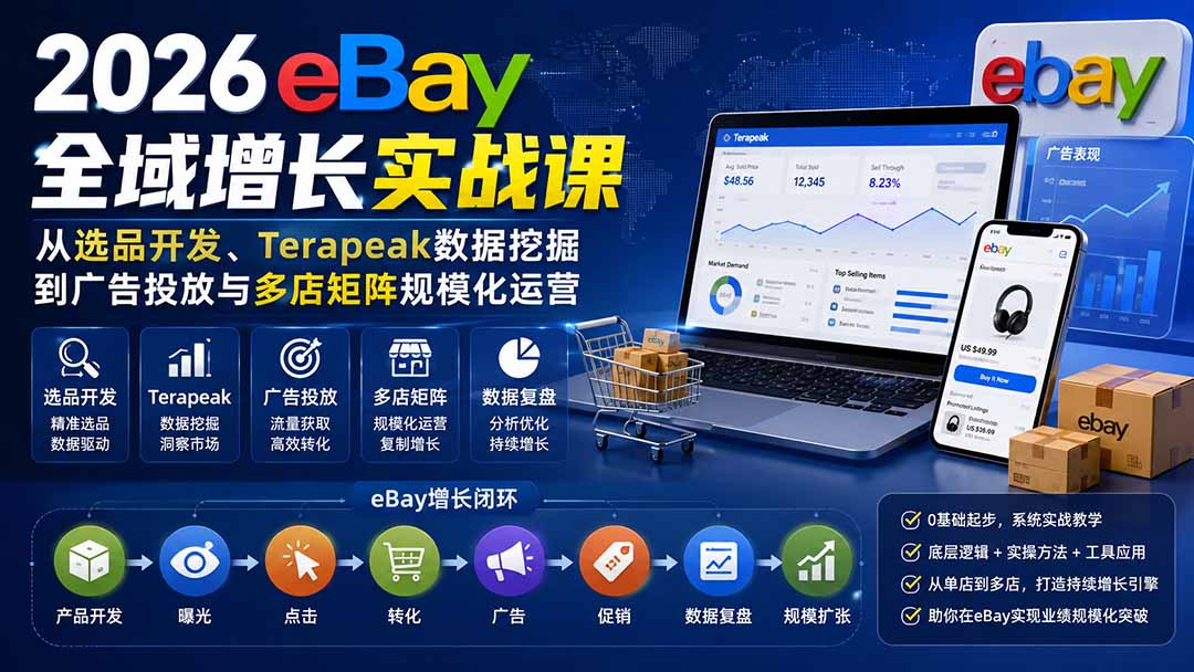 （20023期）2026-Vincent eBay全域增长实战课-无水印：从选品开发、Terapeak数据挖掘到广告投放与多店矩阵规模化运营 - 臻优资源网